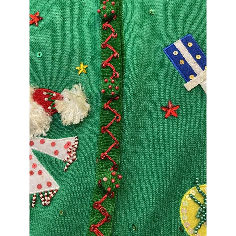 Berek Cardigan Sweater Womens Medium Green Santa Christmas Tree Beaded Ugly - Picture 3 of 11